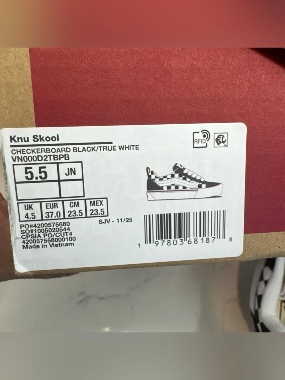 New Vans Knu Skool Skate Shoe Size 5.5 Y Men’s Black White Check Lace Up Sneaker